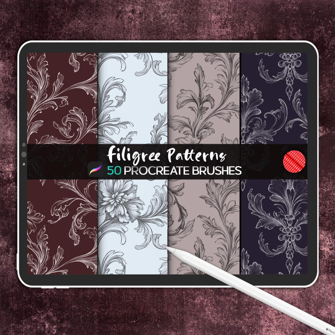 50 Procreate Filigree Pattern Brushes: Seamless Damask, Baroque ...