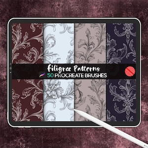 Pennelli Procreate Filigree Pattern, Pennello Procreate Seamless Damask, Pennello Barocco, Rococò, Carta da parati floreale decorata, Pennello per tessuti vintage