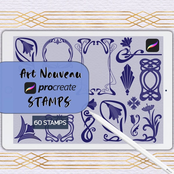 Tampons Art nouveau Procreate Fleurs élégantes Bordures Cadres Silhouette florale Pinceaux numériques Éléments décoratifs vintage Dessin au trait rétro