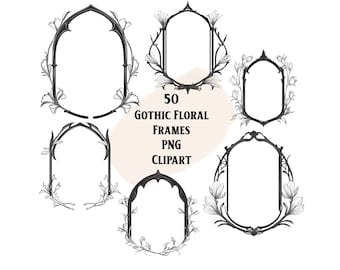 50 clipart di cornici floreali gotiche: sovrapposizioni PNG botaniche vintage (download digitale)