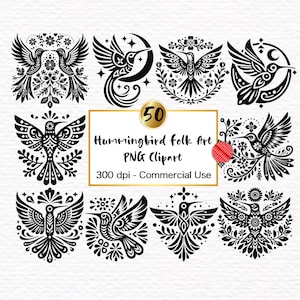 Kolibri Clipart Nordische Volkskunst Exotischer Vogel Wunderlich Skandinavische Volkskunst Tier Clipart Bundle Schwarz Silhouette druckbare PNG-Datei