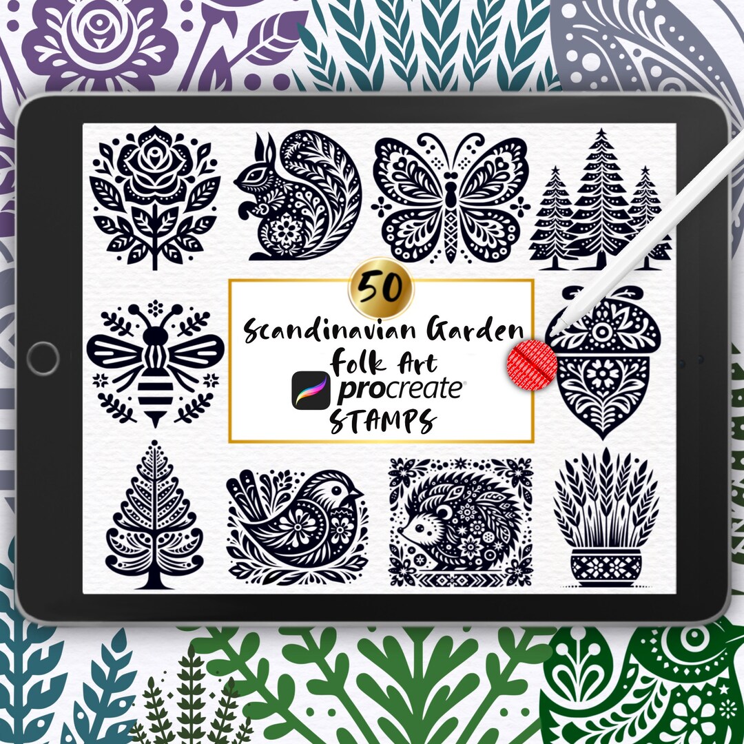 50 Scandinavian Folk Art Procreate Stamps: Nordic Garden Flowers ...