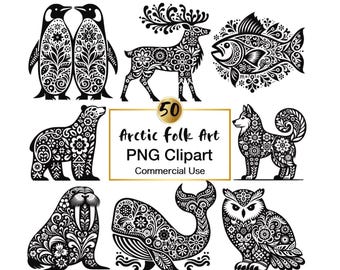50 Nordic Folk Art Clipart: Arctic Animals PNG Overlays (Digital Download)