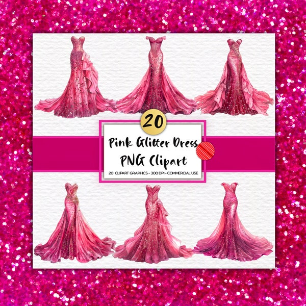 Pink Glitter Dress Clipart Princess Evening Gown Clip Art Sparkly Prom dress Pageant Digital Download Fairytale Fashion Printable Party