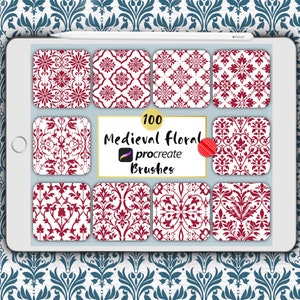 May include: A digital tablet screen displaying a set of 100 Procreate brushes featuring medieval floral patterns. The brushes are arranged in a grid of nine squares, with each square showing a different pattern. The patterns are all in a burgundy colour on a white background. The text "100 Medieval floral Procreate Brushes" is displayed in the centre of the screen.