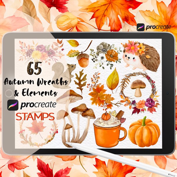 Autumn Procreate Stamps, Autumn Wreaths Brushes, Autumn Leaves, Fall Time, Autumn Flowers, Autumn Bouquets, Watercolor Fall Stamps, Harvest