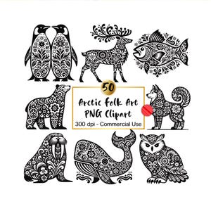 Skandinavische Volkskunst Arktis Tier Clipart PNG Grafiken, Nordische Winter Hirsche, Pinguin, Eisbär Line Art, Traditionelle Schwedische Volkskunst