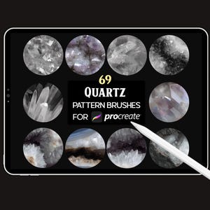 May include: A digital tablet displays a collection of 69 quartz pattern brushes for Procreate. The brushes are presented as circular images with various crystal and geode designs in shades of gray, white, and purple. A white stylus rests on the screen.