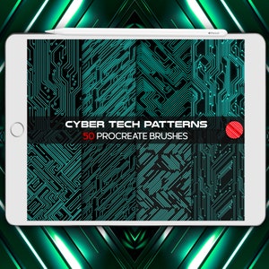 Könnte beinhalten: Ein digitaler Tablet-Bildschirm zeigt einen Satz von 50 Procreate-Pinseln mit einem Cyber-Tech-Musterdesign. Der Text "CYBER TECH PATTERNS" und "50 PROCREATE BRUSHES" wird auf dem Bildschirm angezeigt.