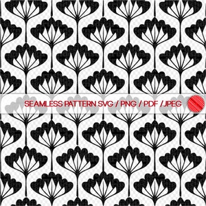 May include: A repeating black and white pattern of stylized floral shapes. The design is repeated across the image. Text at the bottom reads "SEAMLESS PATTERN SVG / PNG / PDF / JPEG".