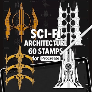 May include: A digital collection of 60 sci-fi architecture stamps for Procreate, featuring various intricate building designs in gold and white line art against a dark background, with the text SCI-FI ARCHITECTURE 60 STAMPS for Procreate.