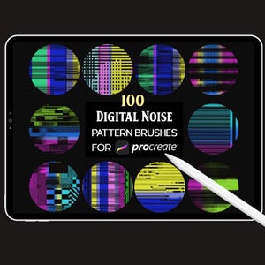 Może przedstawiać: Cyfrowy tablet wyświetla 100 pędzli do wzorów szumów cyfrowych dla Procreate. Okrągłe wzory mają estetykę glitch art w kolorach niebieskim, zielonym, różowym i żółtym. Na ekranie leży biały rysik.