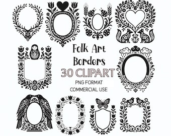 30 Folk Art Borders Clipart: Scandinavian Frames PNG (Digital Download)