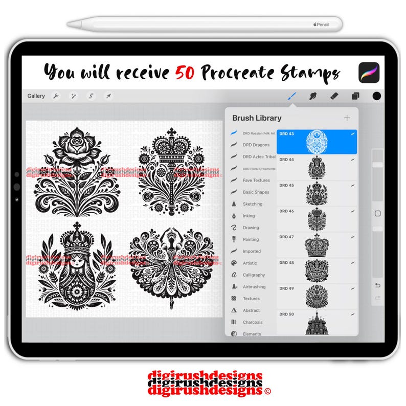 50 Russian Folk Art Procreate Stamps: Slavic Folklore Floral Animals ...