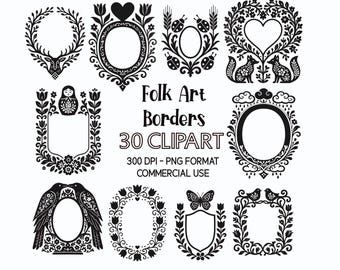 30 Clipart di bordi di arte popolare: cornici scandinave PNG (download digitale)