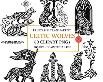 60 Keltische Wolf Clipart Bundle: Schwarze Line Art, Knotenarbeit Wölfe (PNG Digital Download)