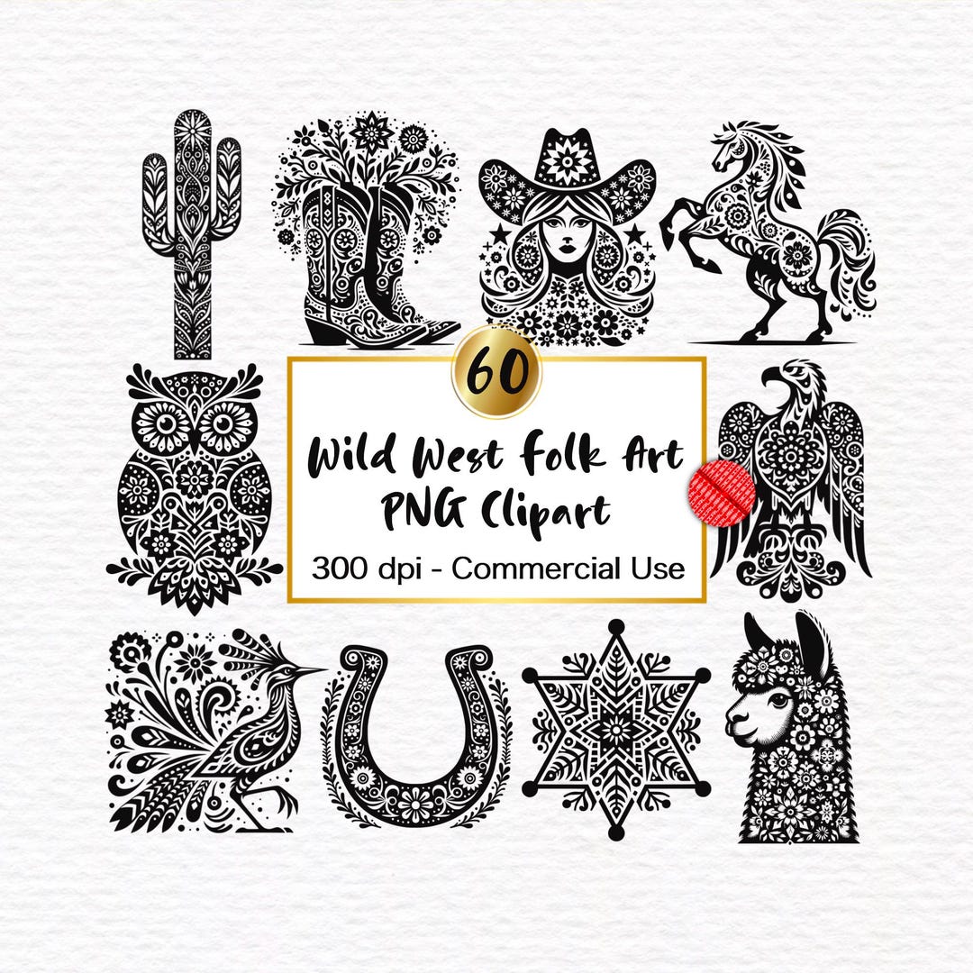 60 Wild West Folk Art Clipart: Scandinavian Style Cowboy, Cowgirl PNG ...