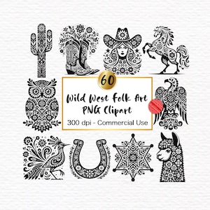 Wild West Folk Art Clipart PNG Graphics - Arte popolare scandinava Fiori e animali nativi americani Folklore nordico tribale del sud-ovest