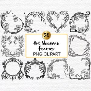 30 Art Nouveau Floral Frames Clipart: Ornate Vintage Borders (PNG Digital Download)