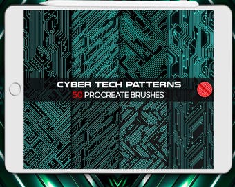 50 Sci-Fi Pattern Procreate Brushes: Cyber Tech (Digital Brush Set)