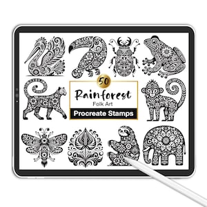 May include: A digital tablet screen displaying 50 Rainforest Folk Art Procreate Stamps. The screen features black and white intricate illustrations of a pelican, toucan, beetle, frog, leopard, monkey, bee, plant, sloth, and elephant with a stylus.