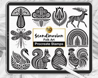 50 Scandinavian Folk Art Procreate Stamps: Nordic Animal & Flower (Digital Brush Stamps)