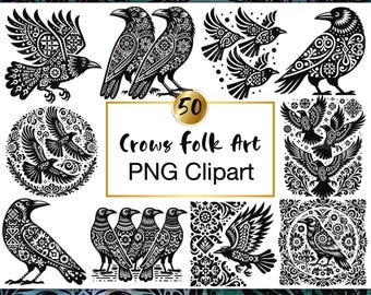 50 Crow Clipart: Nordic Folk Art Ravens (PNG Digital Download)