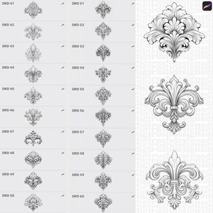 May include: A digital illustration featuring a collection of ornate, grayscale fleur-de-lis and floral designs. The image includes multiple variations labeled DRD 41 through DRD 60, showcasing intricate details and patterns. The designs are suitable for various decorative applications.