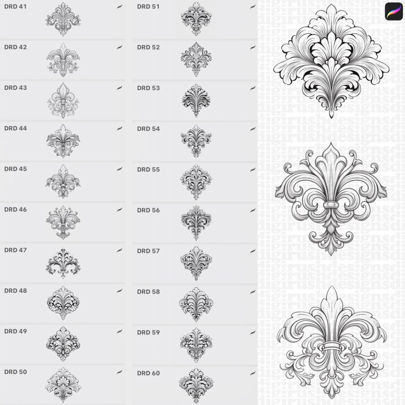 May include: A digital illustration featuring a collection of ornate, grayscale fleur-de-lis and floral designs. The image includes multiple variations labeled DRD 41 through DRD 60, showcasing intricate details and patterns. The designs are suitable for various decorative applications.
