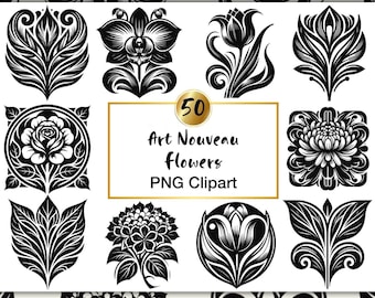 50 Jugendstil-Blumen-Cliparts: Schwarze Vintage-Blumensilhouetten (PNG-Digitaldownload)