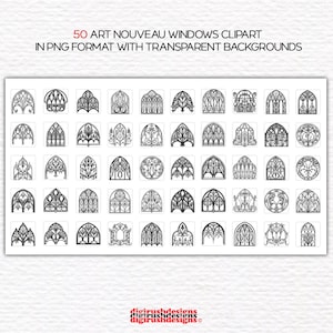 Art Nouveau Windows Clipart PNG Digital Download Gothic Window Clip Art PNG File Ornate Church Window Floral Line Art