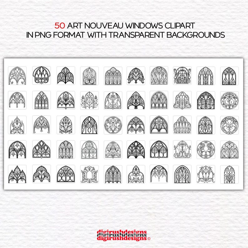 Art Nouveau Windows Clipart PNG Digital Download Gothic Window Clip Art PNG File Ornate Church Window Floral Line Art