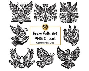 50 Dove Folk Art Clipart: Scandinavian Bird of Peace (PNG Digital Download)