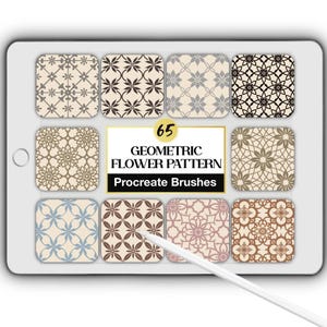 May include: A digital tablet screen displaying 65 geometric flower pattern Procreate brushes. The display features ten square tiles with various intricate floral motifs in shades of brown, blue, pink, and beige, alongside a central text box.