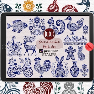 Può includere: Un set di 100 timbri di arte popolare scandinava per Procreate. I timbri presentano una varietà di disegni, tra cui animali, piante e motivi geometrici. I timbri sono in uno schema di colori blu e bianco.