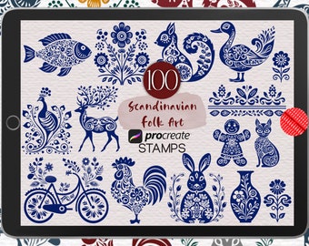 Procreate Folk Art Stamps Scandinavian Procreate Brushes Nordic Digital Brush Set Swedish Folklore Tattoo Stamps Traditional Folk Flowers