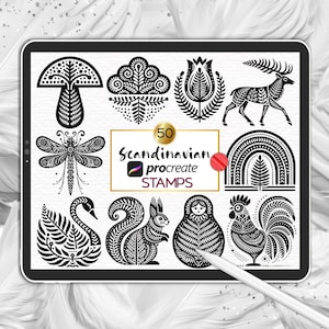 May include: A digital tablet screen displaying 50 black and white Scandinavian style illustrations, including a mushroom, a flower, a deer, a dragonfly, a swan, a squirrel, a nesting doll, and a rooster. The text "50 Scandinavian procreate STAMPS" is displayed on the screen.