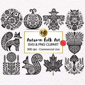 Bundle SVG automne art folklorique scandinave - téléchargement numérique folklore nordique - automne art folklorique botanique fleurs & animaux fichier SVG - SVG Cricut