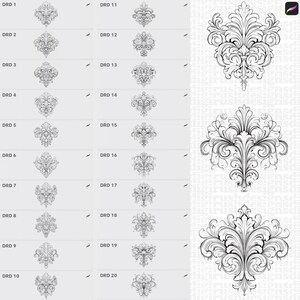May include: A digital art print featuring a collection of ornate, black and white floral designs. The image includes a grid of 20 smaller designs labeled DRD 1 through DRD 20, and three larger, detailed floral illustrations. The designs are suitable for various creative projects.