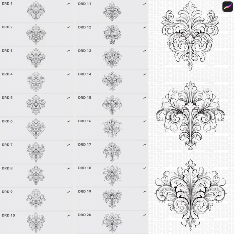 May include: A digital art print featuring a collection of ornate, black and white floral designs. The image includes a grid of 20 smaller designs labeled DRD 1 through DRD 20, and three larger, detailed floral illustrations. The designs are suitable for various creative projects.