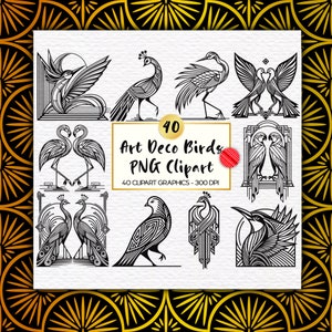Art Deco Birds Clipart PNG Digital Download, Exotic Birds Clip Art PNG File, Birds Line Art, Czarny styl wektorowy do użytku komercyjnego