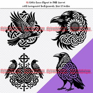 May include: A collection of four black and white digital illustrations featuring crows with Celtic knotwork patterns. The text at the top reads 50 Celtic Crows Clipart in PNG format with transparent backgrounds, Size 12 inches. The designs include a flying crow, a crow head with a sunflower, two crows flanking a cross, and a standing crow.