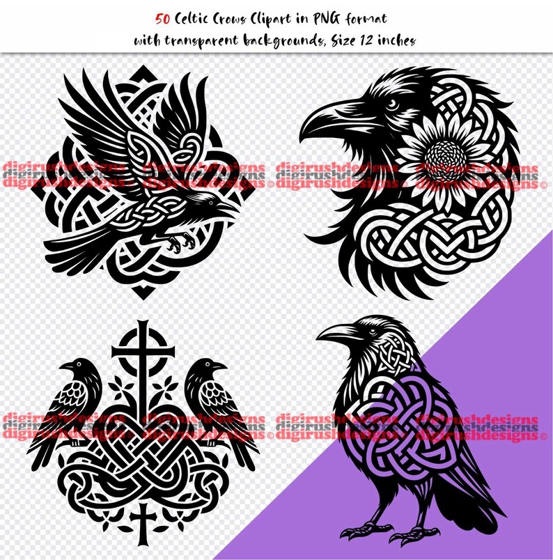 May include: A collection of four black and white digital illustrations featuring crows with Celtic knotwork patterns. The text at the top reads 50 Celtic Crows Clipart in PNG format with transparent backgrounds, Size 12 inches. The designs include a flying crow, a crow head with a sunflower, two crows flanking a cross, and a standing crow.