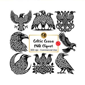 May include: Set of 50 black and white Celtic crow illustrations in a PNG clipart format. The crows are depicted in various poses, including flying, perched, and in a group. The illustrations are detailed and intricate, featuring Celtic knotwork designs.
