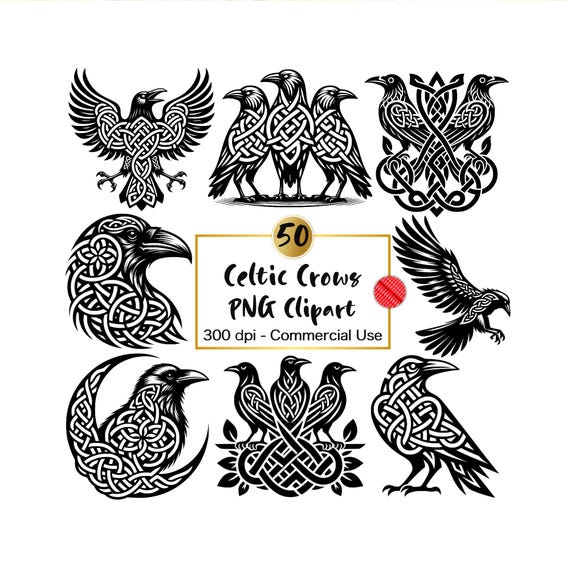 50 Celtic Crow Clipart: Nordic Gothic Raven PNG Designs (Digital Download)