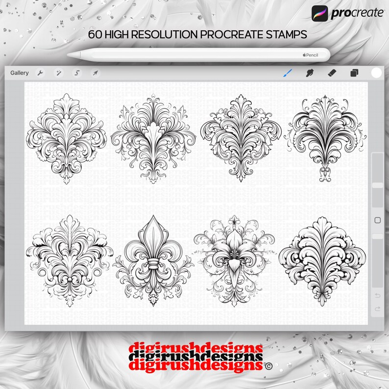 May include: A digital art design featuring eight black and white ornamental Procreate stamps. The stamps have intricate floral and scrollwork patterns. The image includes the text "60 HIGH RESOLUTION PROCREATE STAMPS" and the Procreate logo.