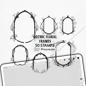 Peut inclure: Une collection numérique de 50 cadres floraux gothiques en noir et blanc pour Procreate, présentés sous forme de tampons sur un écran de tablette. Le texte indique GOTHIC FLORAL FRAMES 50 STAMPS for Procreate, avec diverses bordures ornées.