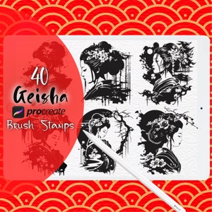 Procreate Geisha Stamps, Japanese Culture Brushes, Geisha Illustrations, Tattoo Artist Brushes, Asian Inspired Stamps, Geisha Art Elements