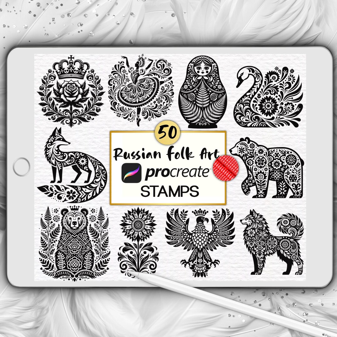 50 Russian Folk Art Procreate Stamps: Slavic Folklore Floral Animals ...
