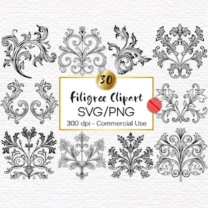 30 Filigran Clipart SVG & PNG: Medeltida dekorativa blommor (digital nedladdning)